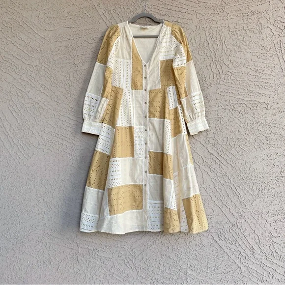 SEZANE Beige Cream Patchwork Eyelet Button Down Midi Dress Matissa Shirt Dress